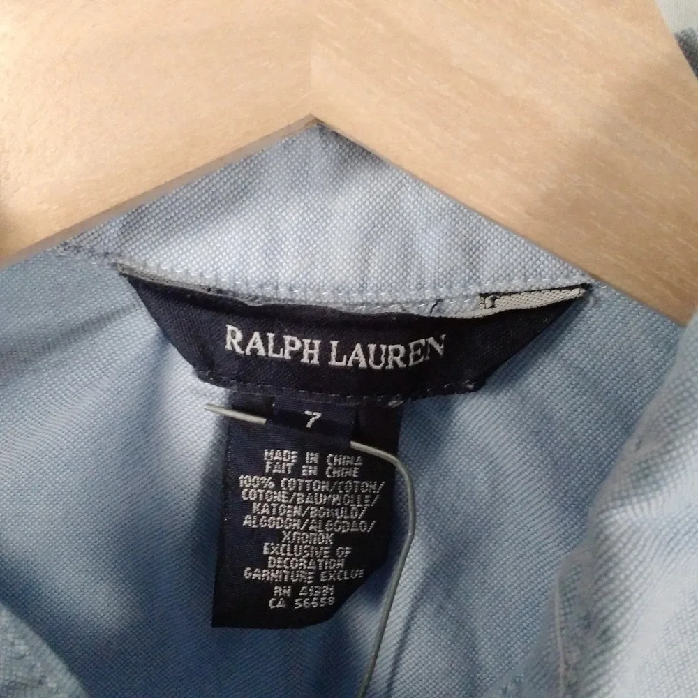 Ralph Lauren Girls Button Up Shirt Dress Drop Waist Ruffle Skirt Flesh Pony Sz 7